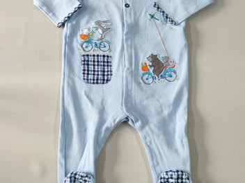 Pyjama jersey bleu lapin et ours en vélo col à carreaux