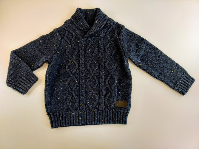 Pull en tricot bleu marine  col châle, un peu bouloché, moins cher chez Petit Kiwi