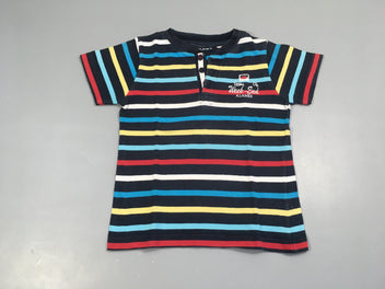 T-shirt m.c bleu foncé rayé multicolore boutons, légèrement bouloché
