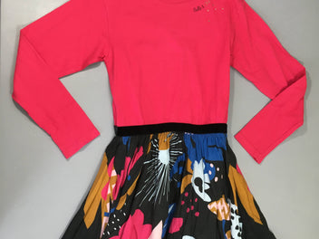 Robe m.l bi-matière jersey rose vif bas coton bleu, un peu bouloché