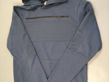 Sweat léger bleu en partie côtelé à capuche, légèrement bouloché