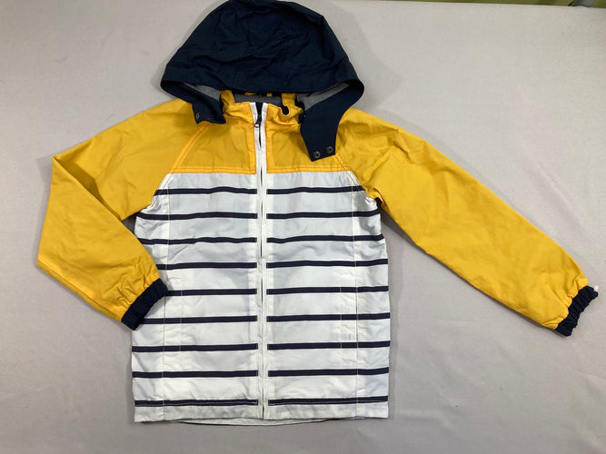 Veste zippée légère blanche rayé bleu foncé/jaune à capuche doublé jersey, moins cher chez Petit Kiwi