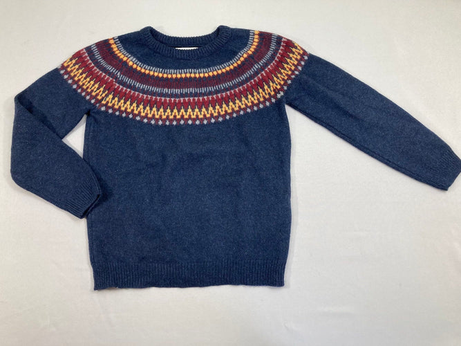 Pull bleu foncé motifs jaune/rouge, 100% laine, moins cher chez Petit Kiwi