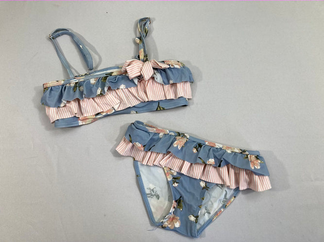 Bikini bleu clair/rose rayé fleuri, moins cher chez Petit Kiwi