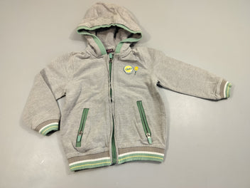 Sweat zippé à capuche gris chiné, tirette verte balle et raquette de tennis