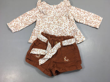Ensemble 2 pcs, blouse s.m blanc motifs camel, short velours camel