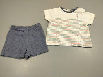 Pyjama short 2pcs jersey blanc rayé bleu et orange , têtes d'ours et étoiles, dessous Short bleu chiné