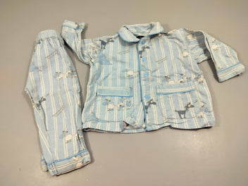 Pyjama 2pcs flanelle bleu ligné blanc, chèvres et moutons 100% coton, bouloché