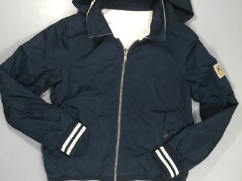 Veste réversible bleu marine/jersey écru à capuche, liseret bouloché