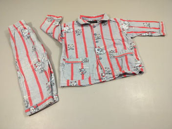 Pyjama 2pcs flanelle bleu liné rouge, chats 100% coton, bouloché