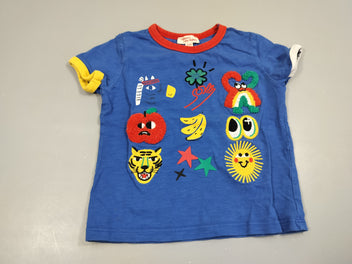 T-shirt m.c bleu flammé motifs colorés, pomme, soleil,...