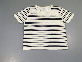 T-shirt m.c épais côtelé écru rayé bleu foncé, légèrement bouloché