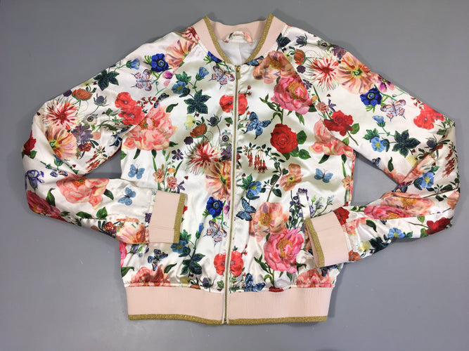 Bomber sweat zippé satiné rose pâle fleurs, état neuf, Nathalie Lété x H&M, moins cher chez Petit Kiwi