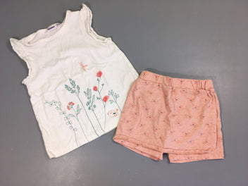 Pyjashort 2pcs jersey blanc/rose fleurs tulle, légères taches à l'avant
