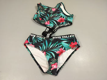 Maillot 2 pièces noir motifs feuillage vert et fleurs roses