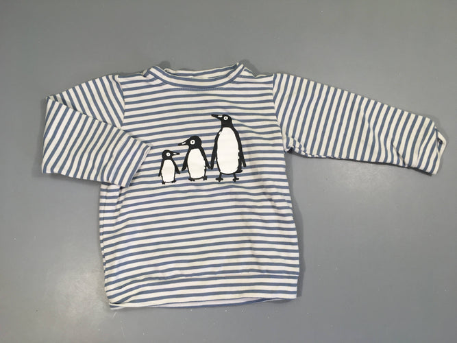 Sweat blanc rayé bleu pingouins, bouloché, moins cher chez Petit Kiwi