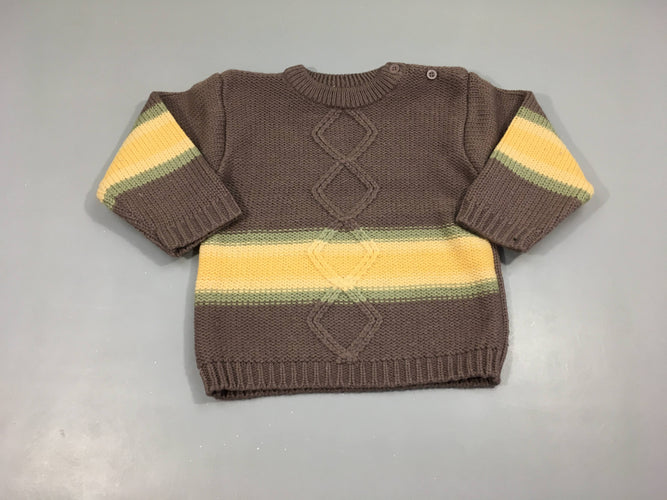 Pull mauve rayé vert/beige, 30% laine, moins cher chez Petit Kiwi