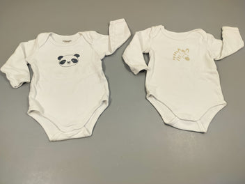 Lot de 2 bodies ml blanc 1 tête de zèbre/ 1 tête de panda. 100% coton