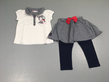 Polo m.c blanc fille + jupe Legging intégré bleu à carreaux