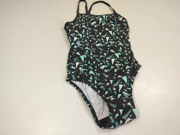 Maillot noir, motifs triangles bleus.