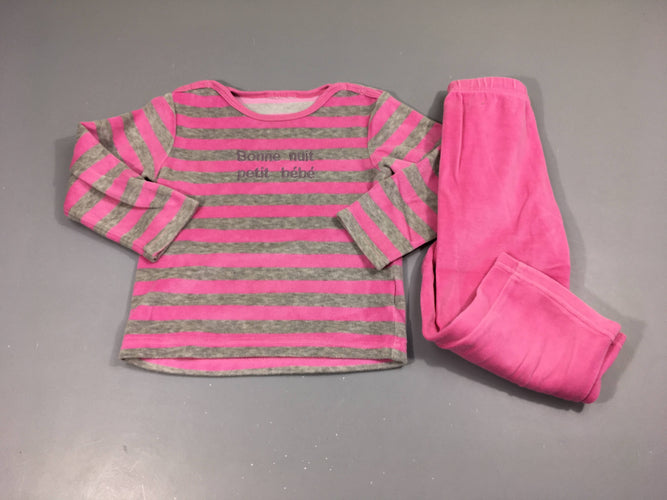 Pyjama 2pcs velours rose rayé gris Bonne nuit, moins cher chez Petit Kiwi