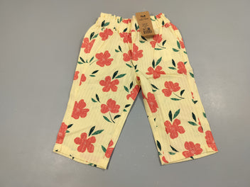 NEUF Pantalon fluide jaune imprimé fleurs rouges 100% coton