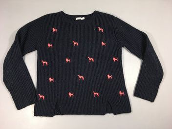 Pull épais bleu marine fil irisés chiens rose néon, un pue bouloché
