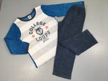Pyjama 2pcs velours rayé blanc/gris chiné/bleu College