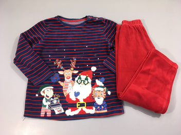 Pyjama 2pcs velours bleu foncé rayé rouge de Noël, flocage abimé