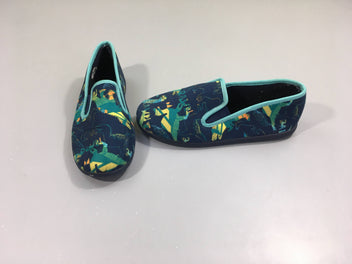 Pantoufles bleu foncé dinos verts
