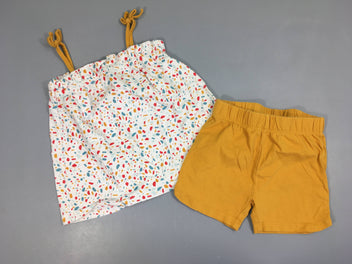T-shirt fines bretelles blanc effet terrazzo + short jaune moutarde