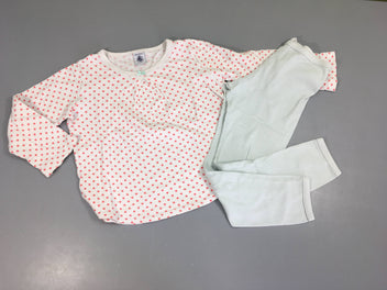 Pyjama 2pcs jersey blanc pois rose, légèrement bouloché