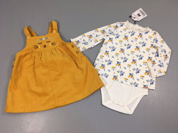 NEUF body m.l blanc fleurs + Robe salopette velours côtelé moutarde