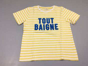 T-shirt m.c blanc rayé jaune tout baigne, légèrement bouloché
