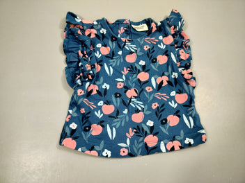 T-shirt m.c bleu, pommes roses , fleurs roses, bleues, volants sur le côté