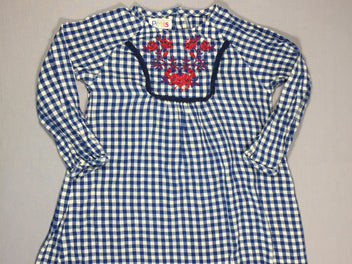 Robe m.l à carreaux bleux/blancs - Broderie rouge/rose