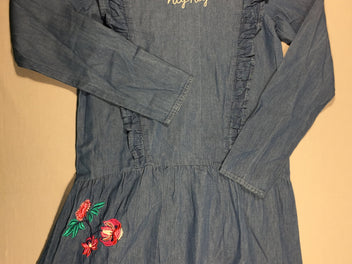 Robe m.l style jean - volants et fleurs brodées rose/blanc/fushia