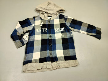 Chemise m.l à capuche à carreaux blanc, bleu marine, gris