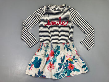 Robe m.l bi-matière blanc rayé bleu irisé s.mile, bas fleuri, légèrement bouloché