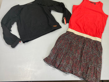 Robe s.m bi-matière rouge/noir fleurie + sweat court léger noir floches