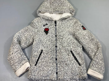 Gilet/veste zippé blanc/gris chiné à capuche doublure moutonnée fleur