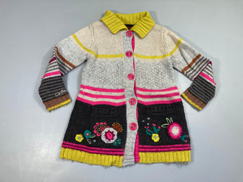 Gilet long gris rayé rose/brun/vert/anis fleurs, 9% angora, bouloché