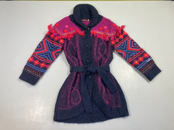 Gilet long col châle bleu foncé/mauve floches ceinture, 19% laine 13% mohair