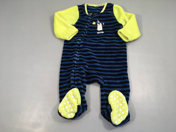 Surpyjama velours bleu rayé jaune pingouin, pieds anti-dérapants