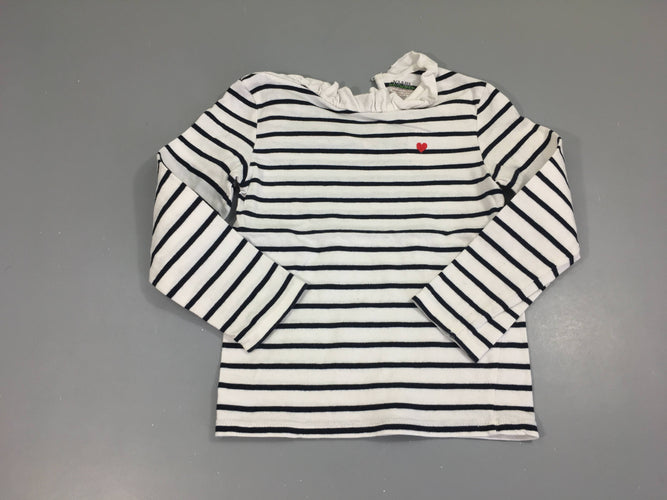 T-shirt m.l blanc rayé bleu marine col, légèrement bouloché, moins cher chez Petit Kiwi