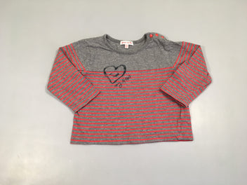T-shirt m.l gris chiné rayé rose coeur, légèrement bouloché