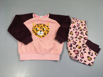Pyjama 2 pcs haut velours rose tigre bas coton rose décoloré