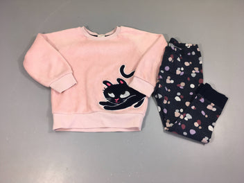 Pyjama 2 pcs haut velours rose chat bas coton bleu décoloré