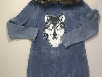 Robe-Sweat m.l à capuche velours bleu fourrure amovible loup motif effet craquelé sequins-Lapin House