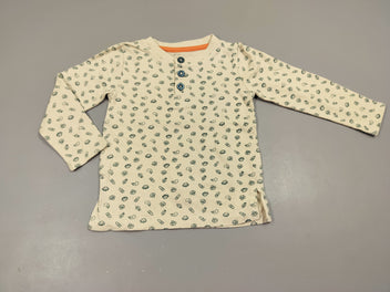 T-shirt m.l beige très clair motifs légumes bleu marine (laitues, carottes,..)95% coton 5% élasthanne